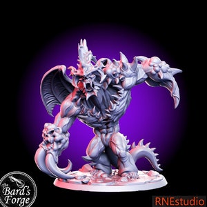 May include: A gray 3D printed miniature of a monstrous creature with sharp claws, horns, and a large mouth. The creature has a wing on its back and a tail with spikes. The miniature is set on a round base.