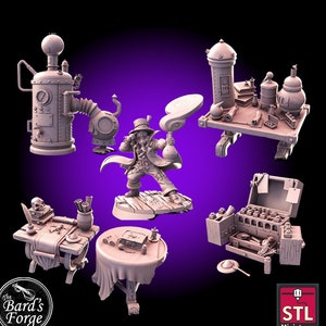 May include: A set of 3D printed miniature models for tabletop role-playing games. The set includes a steampunk alchemist, a table with a potion bottle, a chest with potion bottles, and a table with scrolls. The models are printed in a light gray color.
