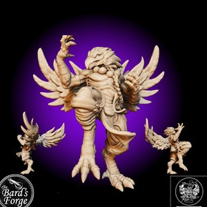 May include: A 3D printed miniature of a humanoid creature with bird-like features. The creature has wings, feathers, and talons. It is posed in a fighting stance with one arm raised and the other holding a weapon. The miniature is painted in a light brown color.