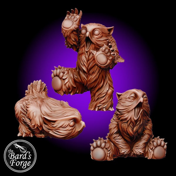 3pc Set Baby Owlbear Miniature 3D Resin Printed 28-32mm Tabletop Fantasy Gaming D&D Pathfinder Frostgrave Manuel Borla