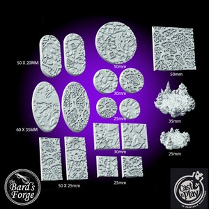May include: A set of 3D printed miniature bases for tabletop games. The bases are made of white plastic and feature various textures, including cobblestone, grass, and spiderwebs. The bases come in a variety of sizes, ranging from 25mm to 50mm in diameter. The bases are labeled with their dimensions in millimeters.