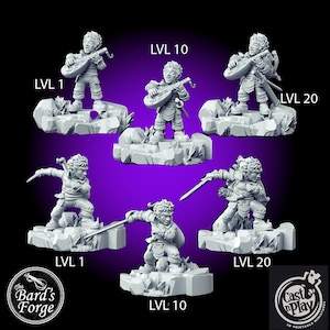 May include: Six 3D printed miniature figurines of a bard character in different poses and levels of progression. The figurines are gray and are posed on a rocky base. The text "LVL 1", "LVL 10", and "LVL 20" is visible on the base of the figurines.