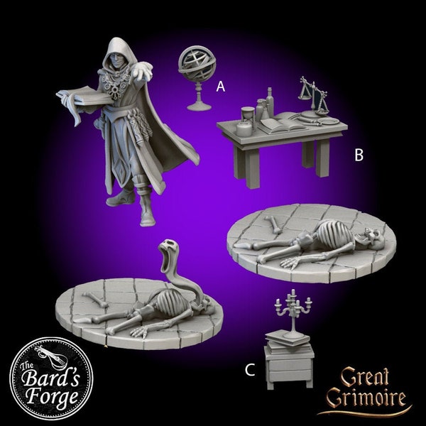 5Pc Set Necromancer and Lab Props Miniature 3D Resin Printed 28-32mm Tabletop Dark Fantasy Fairytale Gaming D&D Pathfinder by Great Grimoire