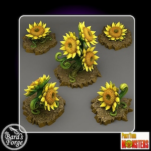 May include: Five miniature, hand-painted, resin sunflower plants on bases. The sunflowers are yellow with green stems and leaves. The bases are brown and textured to look like dirt.