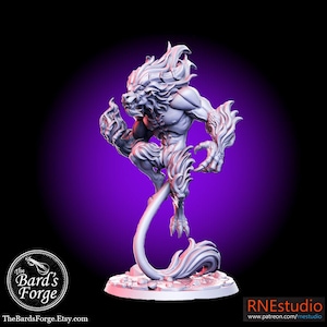 May include: A 3D printed miniature of a fiery beast with a lion-like head, a humanoid body, and a long, flowing tail. The figure is posed in a dynamic stance, with its claws extended and its head turned to the side. The miniature is painted in a light gray color, with details of the flames and fur visible.