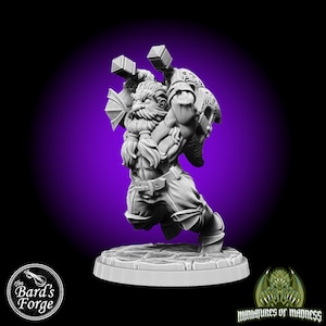 May include: A gray, detailed miniature of a dwarf warrior holding a hammer in each hand. The dwarf is wearing a helmet and armor, and has a long beard. The miniature is standing on a round base.