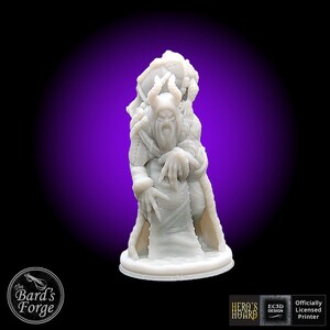 May include: A white 3D printed miniature of a demon with horns, a long beard, and a cloak. The miniature is standing on a round base. The miniature is from Hero's Hoard, an officially licensed 3D printer.