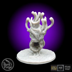 May include: A 3D printed miniature of a white, multi-eyed creature with tentacles. The creature is standing on a round base. The base is textured to look like stone. The miniature is a tabletop game piece.
