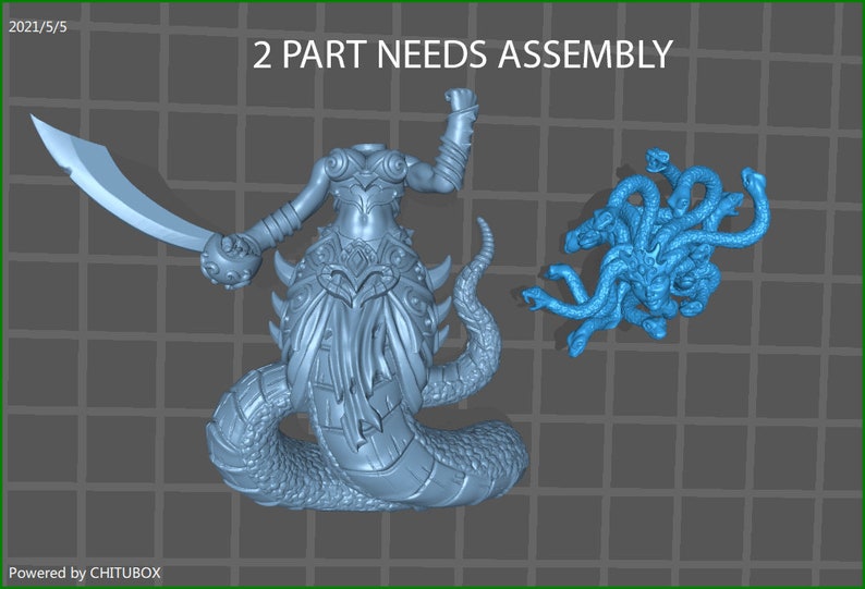 May include: Two-part 3D printed model of a female figure with a snake tail and multiple snake heads. The figure is holding a sword in one hand and has a snake head on her head. The model is blue and gray and is ready to be assembled.