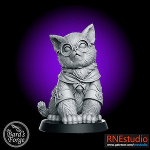 May include: A gray, 3D printed figurine of a cat wearing round glasses, a bow tie, and a cape. The cat is sitting on a round base.