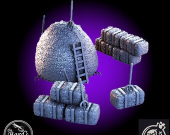 May include: A 3D printed miniature set of hay bales and a hay bale hut. The set includes a ladder, a pitchfork, and several hay bales. The hay bales are stacked in different configurations. The set is made of gray plastic and is designed for tabletop gaming.
