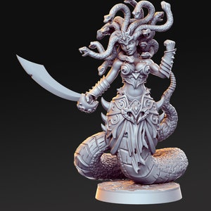 May include: A gray, detailed, 3D printed miniature of a female figure with snakes for hair, holding a sword and wearing armor. The figure is standing on a round base.