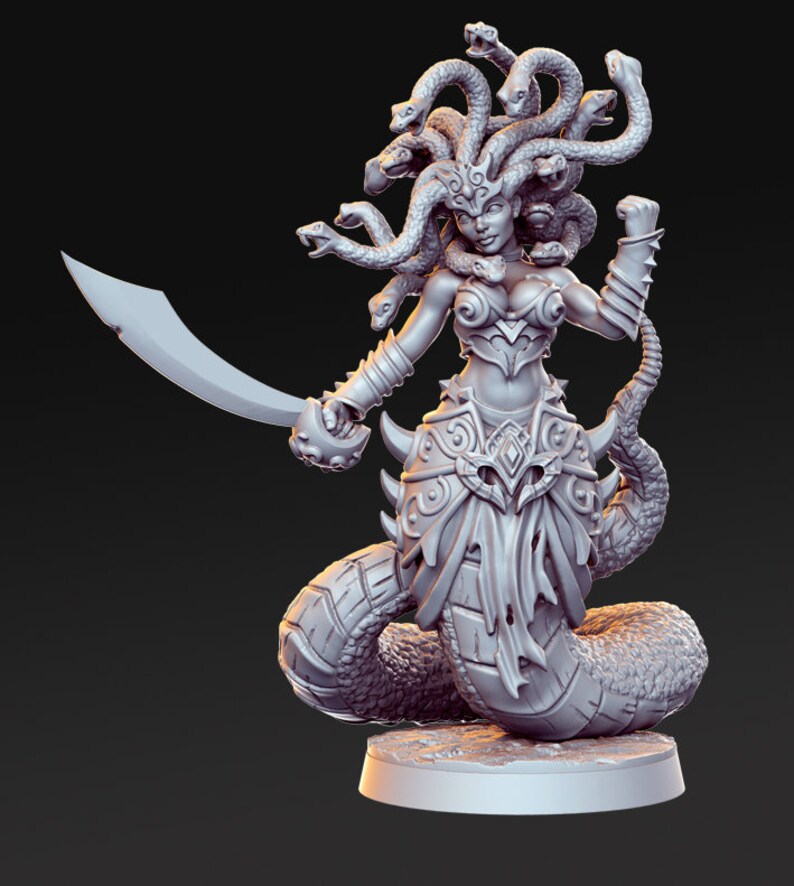 May include: A gray, detailed, 3D printed miniature of a female figure with snakes for hair, holding a sword and wearing armor. The figure is standing on a round base.