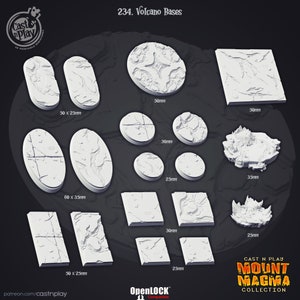 May include: A collection of white, textured volcano bases in various shapes and sizes. Includes oval, circular, and rectangular bases, with dimensions ranging from 25mm to 60mm. The bases are designed for miniature gaming and are part of the Mount Magma Collection.