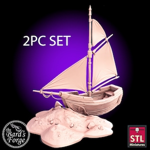 May include: A 2PC set of a 3D printed miniature sailboat with a sail and a base. The sailboat is a light brown color and the base is a light brown color with a sandy texture. The sailboat is tilted to the side and the sail is billowing in the wind. The base is textured to look like sand.