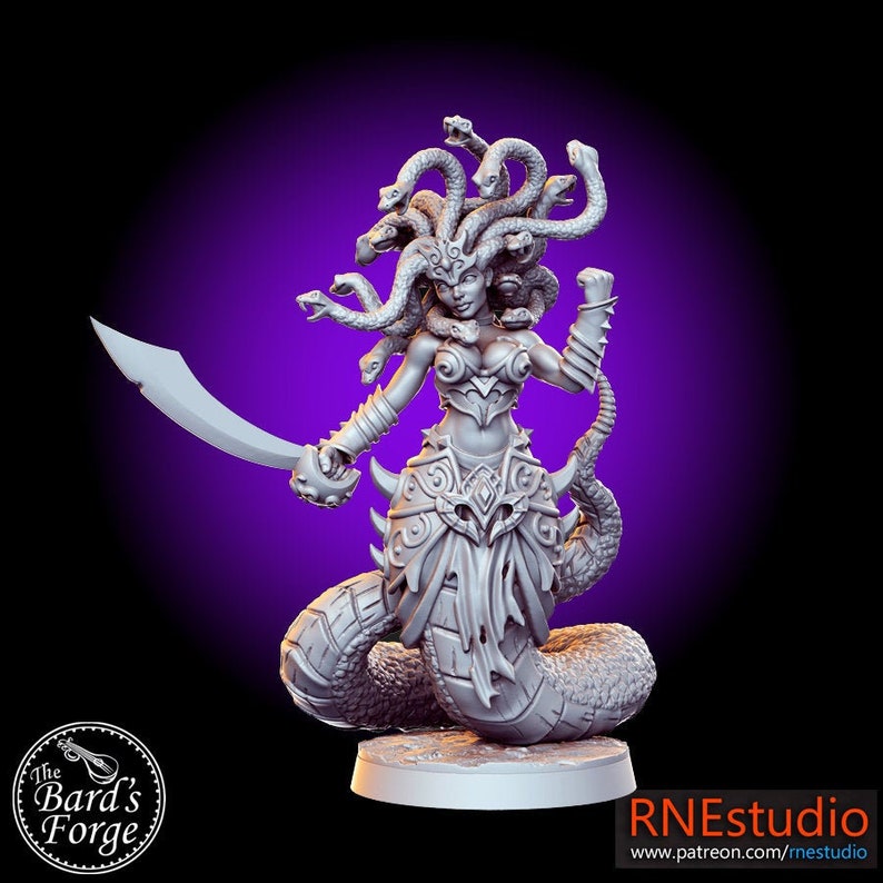 May include: A gray 3D printed miniature of a female figure with snakes for hair, holding a sword and standing on a round base. The figure is wearing a detailed, armored outfit with a skirt and a snake-like tail.