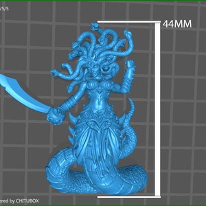 May include: A blue 3D printed figurine of Medusa, a mythical Greek creature with snakes for hair, holding a sword and standing on a snake's body. The figurine is 44 mm tall.