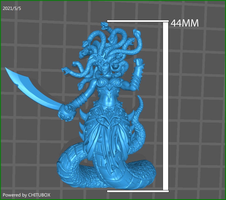 May include: A blue 3D printed figurine of Medusa, a mythical Greek creature with snakes for hair, holding a sword and standing on a snake's body. The figurine is 44 mm tall.