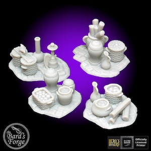 May include: Four sets of miniature tabletop game pieces, each set featuring a different combination of pottery, baskets, and other objects. The pieces are all painted in a light gray color and are arranged on a white background.