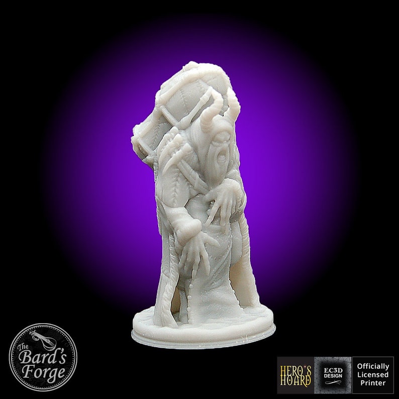 May include: A 3D printed miniature of a gray, humanoid figure with horns, a long beard, and a cloak. The figure is holding a large, round object in its arms. The figure is standing on a round base.