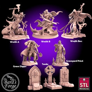 May include: A set of 3D printed miniature figures for tabletop role-playing games, including a wraith boss, a graveyard priest, a grave digger, and two wraiths. The set also includes two tombstones. The miniatures are printed in a light brown color.