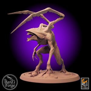 May include: A detailed, 3D printed miniature of a monstrous creature with wings, sharp claws, and a menacing expression. The creature is standing on a base with a skull and rocks.