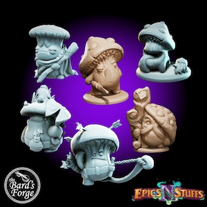 May include: Set of six miniature mushroom figurines, painted in shades of brown and blue. Each figurine has a unique design and features a different accessory, such as a sword, bow and arrow, or a staff. The figurines are made of a durable plastic material and are perfect for tabletop gaming or as decorative accents.