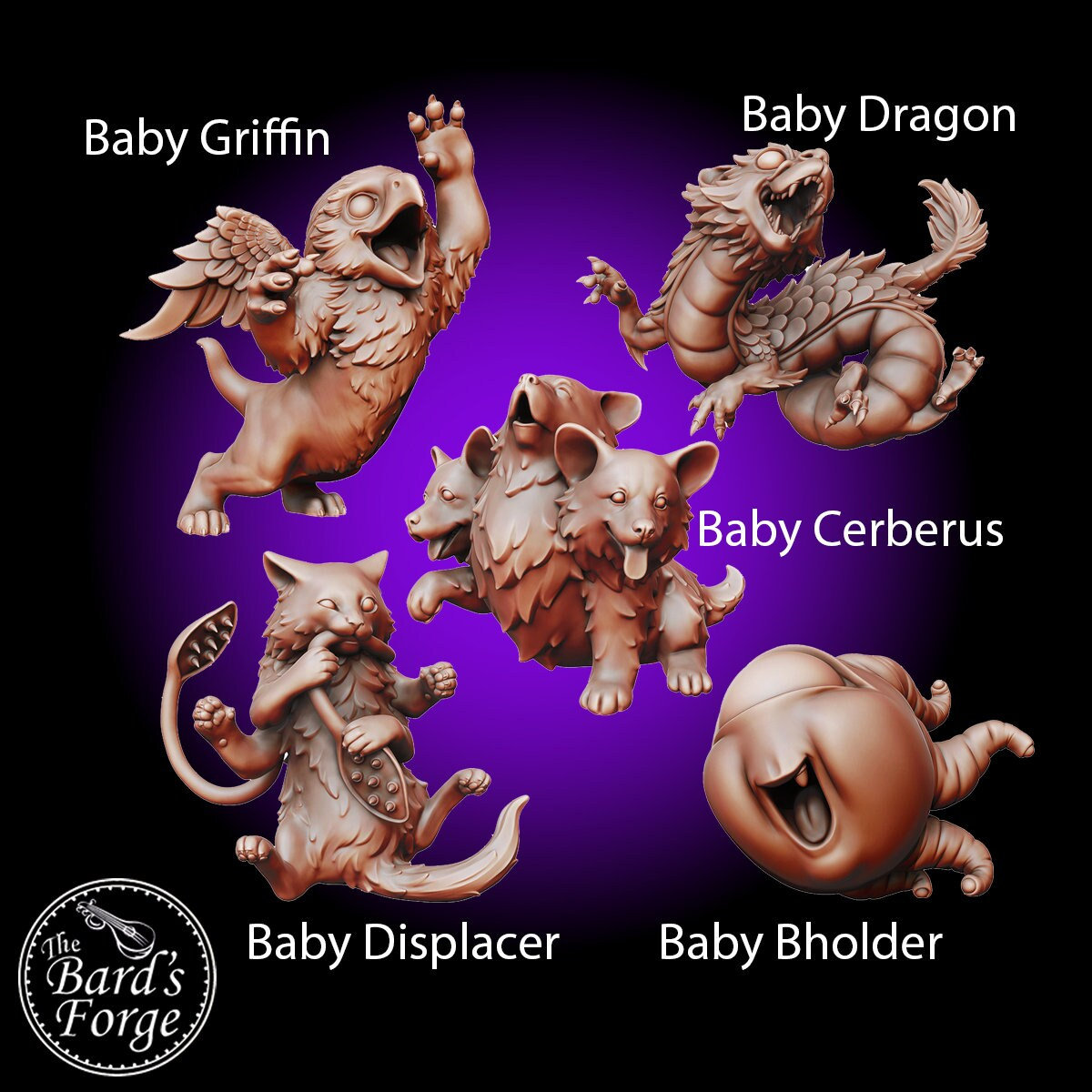 Baby Cerberus, Griffin, Displacer, Dragon, Holder • Manuel Borla