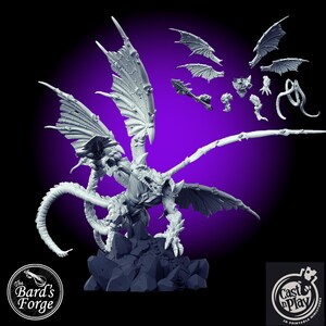 May include: A 3D printed miniature of a gray, dragon-like creature with wings, claws, and a long tail. The creature is posed on a rocky base. The miniature is printed in multiple pieces and is ready to be assembled.