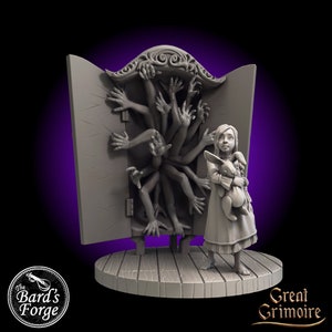 May include: A gray painted miniature figurine of a young girl in a dress holding a stuffed rabbit, standing in front of a gray painted miniature of a cabinet with many hands reaching out from the inside. The cabinet is open and the hands are reaching out towards the girl. The figurine is on a wooden base.