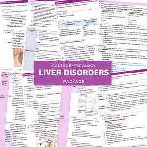 Puede incluir: Una infografía colorida sobre trastornos hepáticos, con el título "Gastroenterología Paquete de Trastornos Hepáticos". La infografía incluye información sobre la enfermedad de Wilson, la enfermedad hepática alcohólica, la cirrosis y la ascitis. La infografía está dividida en secciones con encabezados y subtítulos, e incluye diagramas e ilustraciones.