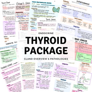 May include: A colourful study guide for medical students on the thyroid gland. The guide includes information on thyroid disorders, thyroid cancer, and thyroid surgery. The guide is titled "Thyroid Package: Gland Overview & Pathologies".