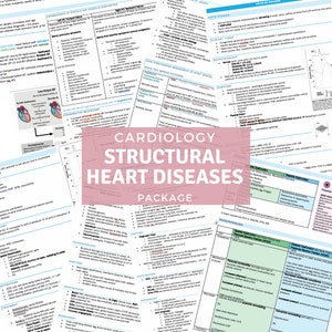 Puede incluir: Un gráfico rosa y blanco con el texto "Cardiology Structural Heart Diseases Package" en un cuadro blanco. El gráfico está rodeado de imágenes de texto médico y diagramas relacionados con la salud del corazón.
