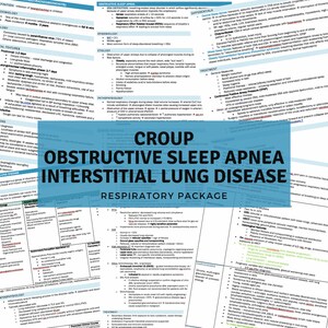 Puede incluir: Un póster informativo azul y blanco con el título "Respiratory Package" e información sobre la croup, la apnea obstructiva del sueño y la enfermedad pulmonar intersticial.