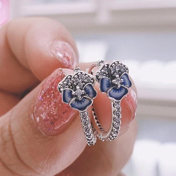 PANDORA Blue Pansy Flower Hoop Earrings 925 Silver Fit Woman