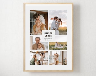 Op de afbeelding: Een ingelijste fotocollage met meerdere familiefoto's. De collage bevat afbeeldingen van stellen, ouders met kinderen en familiebijeenkomsten. De tekst "UNSER LEBEN" is gecentreerd, met extra tekst eronder. De lijst is licht van kleur.