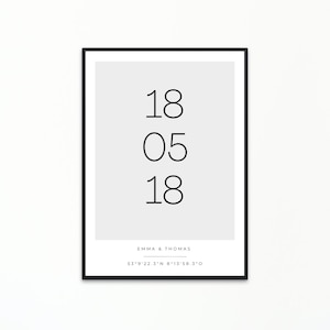 Personalisiertes Geschenk Hochzeit Einzug Jahrestag Hochzeitstag Geschenk für Paare Paarposter personalisiert mit Datum Namen & Koordinaten