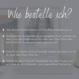 May include: A graphic with instructions on how to order a personalized poster. The text reads "Wie bestelle ich?" and includes steps for ordering, including providing a name, sending a photo, and approving a design.
