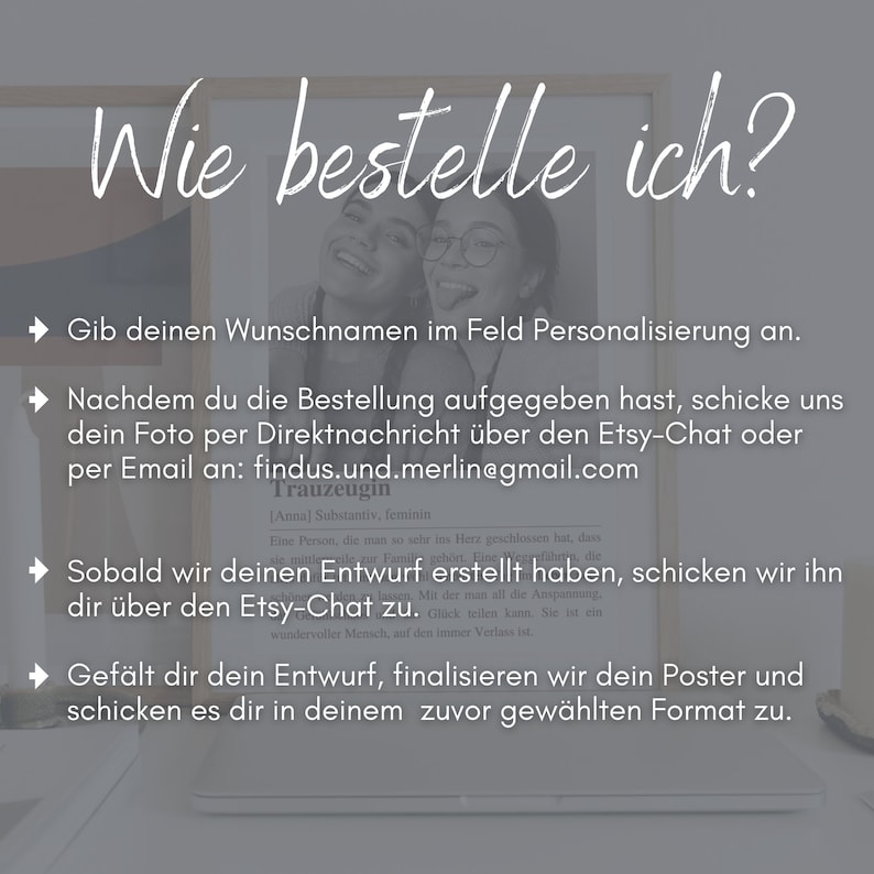 May include: A graphic with instructions on how to order a personalized poster. The text reads "Wie bestelle ich?" and includes steps for ordering, including providing a name, sending a photo, and approving a design.