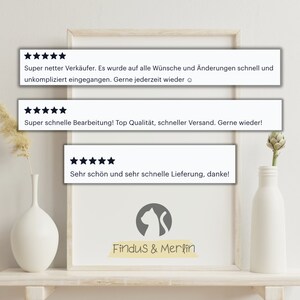 May include: A framed image with three positive customer reviews in German. The reviews are about a seller's quick response time, high quality products, and fast shipping. The image also includes the text "Findus & Merlin" in a yellow banner.