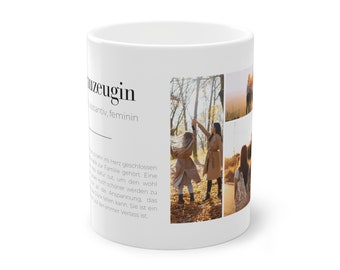 May include: White ceramic mug with a black and white definition of the word "Muzeugin" in German, meaning "muse" or "inspiration". The mug features a collage of photos of two women in a forest setting.