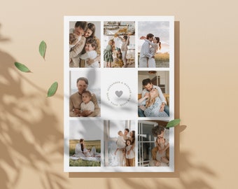 Op de afbeelding: Een witte fotocollage met negen familiefoto's. De foto's tonen verschillende familiemomenten, waaronder paren die elkaar omarmen en gezinnen met kinderen. Een centraal cirkelvormig ontwerp bevat de namen "Alexander & Hannah Schwaiger" en een hartsymbool.