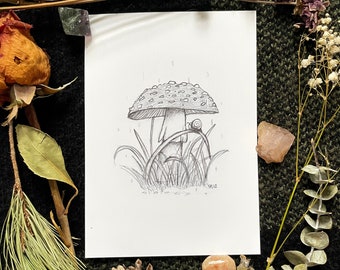 Cozy Hideaway 5x7 Print - mushroom art, fly agaric, snail art, snails, mushies