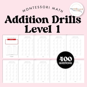 LIVELLO 1 Matematica Montessori, Esercitazioni per le addizioni Livello 1, Addizioni a una cifra, Addizioni statiche e dinamiche, Quaderno di esercizi di matematica di prima elementare