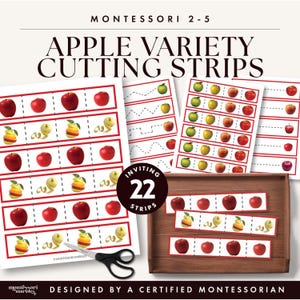 May include: Educational paper cutting strips featuring apple imagery and dotted lines for practice. The set includes 22 strips with various apple illustrations, colors, and patterns, designed for children ages 2-5. A pair of black scissors is included.