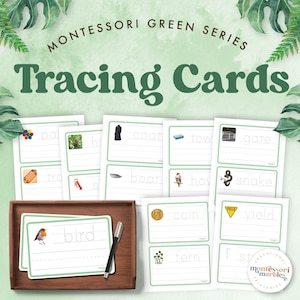 Tarjetas de rastreo de la serie MONTESSORI GREEN / Rastreo de palabras / Combinaciones de consonantes / Ortografía de palabras de 4 y 5 letras / Recursos Montessori