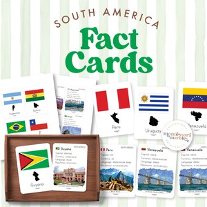 Cartões de fatos da AMÉRICA DO SUL com pintura em aquarela | Montessori inspirado para impressão | 12 países da América do Sul | Cartões Flash Montessori