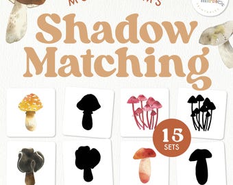 May include: A set of 15 printable mushroom shadow matching cards. The cards feature watercolor illustrations of different types of mushrooms, including red and white mushrooms, brown mushrooms, and yellow mushrooms. The cards are designed to help children learn about different types of mushrooms and to develop their fine motor skills.