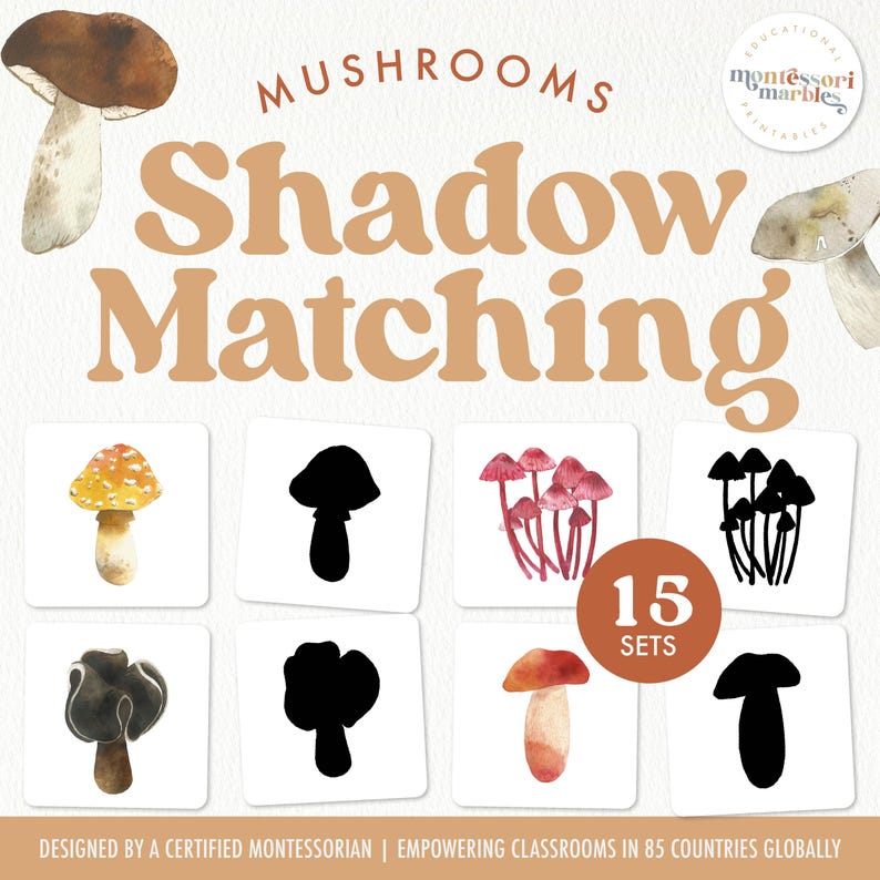 May include: A set of 15 printable mushroom shadow matching cards. The cards feature watercolor illustrations of different types of mushrooms, including red and white mushrooms, brown mushrooms, and yellow mushrooms. The cards are designed to help children learn about different types of mushrooms and to develop their fine motor skills.