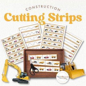 CONSTRUCTION TRUCKS VECHICLES Cutting Strips • Montessori Inspired PreK and Preschool Age Activity for Homeschool and Classroom